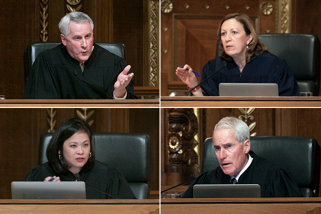 Image of Eighth District Court of Appeals Judge J. Timothy McCormack, Tenth District Court of Appeals Judge Jennifer L. Brunner, Eleventh District Court of Appeals Judge Timothy P. Cannon, and Fourth District Court of Appeals Judge Marie C. Moraleja Hoover