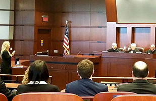 Image of Second District Court of Appeals judges Michael Hall, Mary Donovan, and Michael Tucker conducting oral arguments