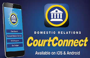 Image of a smart phone with the CourtConnect app open and the words 'Domestic Relations CourtConnect Available on iOS & Android' next to it