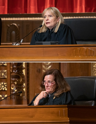 Top image is a woman with blond hair sitting on a court bench listening to a case and bottom image is of a woman with brown hair and glasses sitting on the bench listening to a case