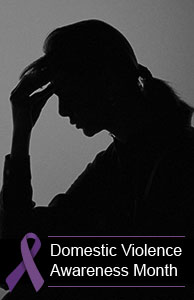 Image of a silhouette of a woman behind a purple ribbon and the words 'Domestic Violence Awareness Month'