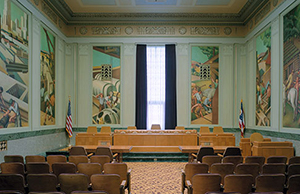 Image of an empty North Hearing Room in the Thomas J. Moyer Ohio Judicial Center