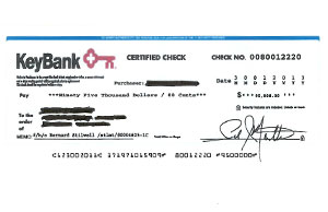 Image of a KeyBank certified check