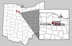 Image of a map of Ohio counties with the cities of Tiffin and Fostoria highlighted