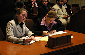 Image of students participating in a mock trial.