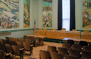 Image of an empty North Hearing Room in the Thomas J. Moyer Ohio Judicial Center
