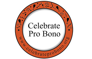 Image of an orange circle outlined in black and decorated with party favors and champagne glasses with the words 'Celebrate Pro Bono' in the middle and the celebrateprobono.org web address