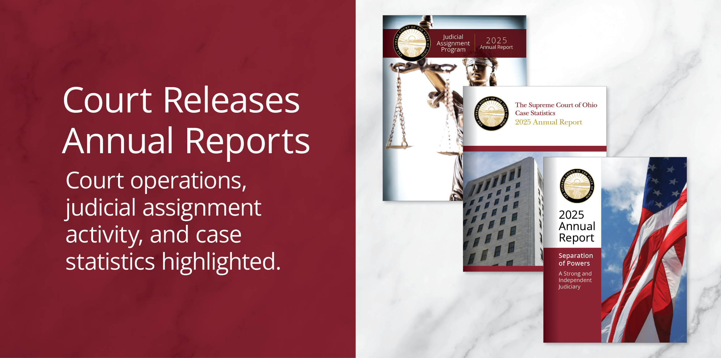 Graphic displaying three annual report covers featuring scales of justice, a courthouse, and a U.S. flag. Text highlights court operations and statistics.