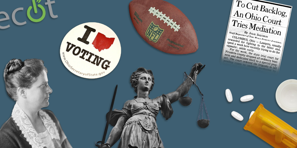 A collage of images including a football, a statue of Lady Justice, an Ohio voting sticker, a bottle of pills, a newspaper clipping, Florence Ellinwood Allen, and the logo used by the Electronic Classroom of Tomorrow.