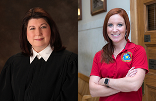 Image of a female judge wearing a black judicial robe next to an image of a woman wearing a red polo standing with her arms crossed