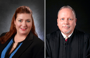 Image of a woman wearing a black blazer and a blue blouse next to an image of a man wearing a black judicial robe