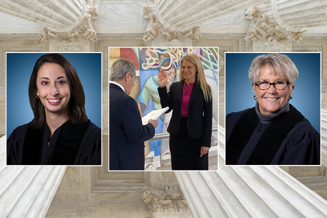 Images of two woman judges wearing black robes and an another woman being sworn in as a judge.