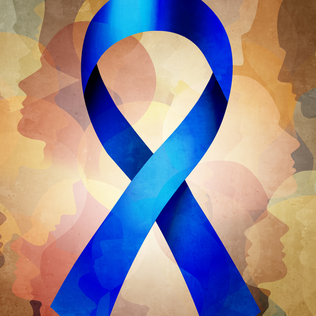 A large blue ribbon on a multicolored background of overlapping silhouettes.