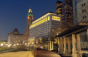 Image of the Thomas J. Moyer Ohio Judicial Center taken at night from the newly completed Scioto Mile