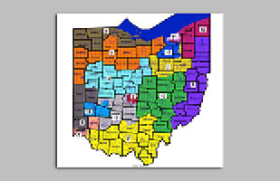 Image of a map of the stat of Ohio with different legislative districts identified with different colors