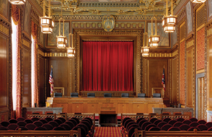 Image of an empty courtroom in the Thomas J. Moyer Ohio Judicial Center.