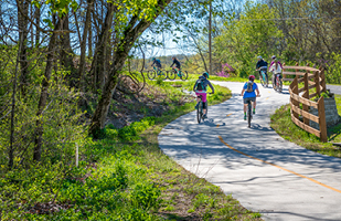 Image of several men, women, and children riding bikes on a bike trail through a wooded area.