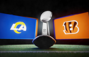 Image showing a silhouette of a football in front of the Vince Lombardi Superbowl trophy, flanked by the Los Angeles Rams logo on the left and the Cincinnati Bengals logo on the right, all sitting on astroturf.