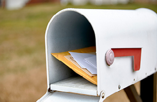 Image of a white mailbox with the door open and various pieces of mail inside.