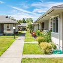 Image of a sidewalk running between a series of homes.