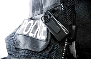 Close-up view of a body camera clipped to a police officer's uniform.