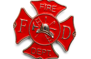 A ref Maltese Cross (firefighter symbol) pin with gold lettering.