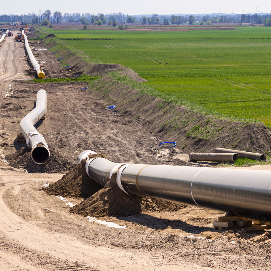 A long line of large, metal pipes lying on dirt.