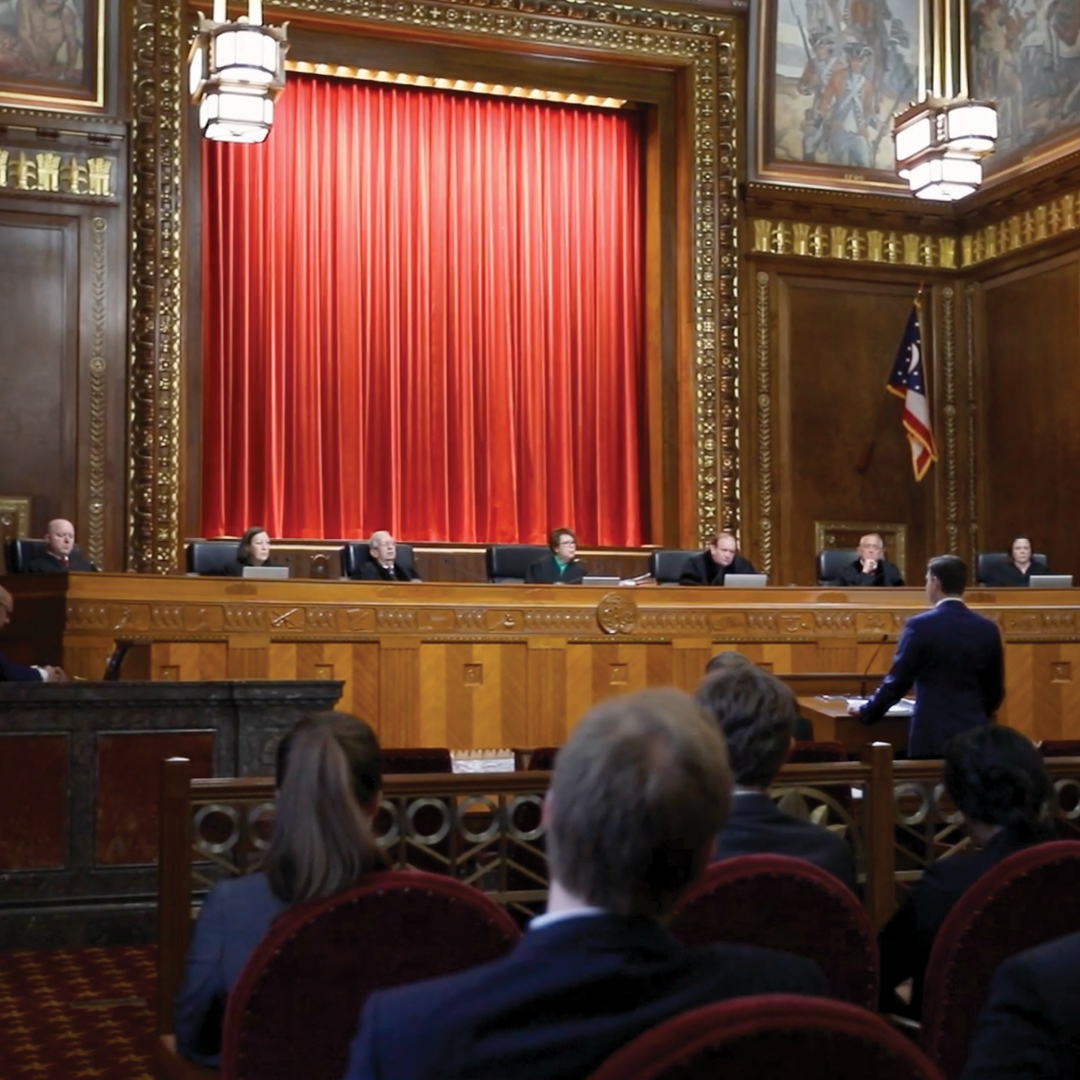 All seven justices sitting the bench during August 2025 oral arguments in the Thomas J. Moyer Ohio Judicial Center