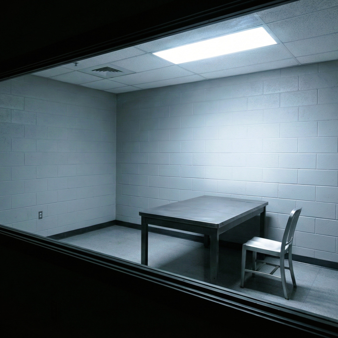An empty table and chair in an interrogation room