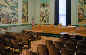 Image of the empty North Hearing Room in the Thomas J. Moyer Ohio Judicial Center