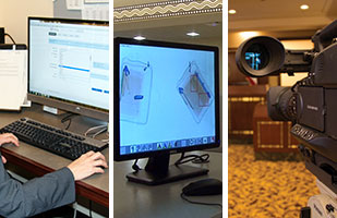 A series of three images: a man sitting at a computer, a monitor showing x-rayed items, and a television camera