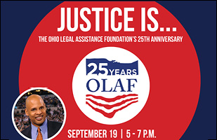 Image of the logo from the OLAF 25th Anniversary event material with a smaller image of event keynote speaker Clark Kellogg in the lower left corner