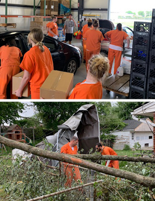 Top: Image of a group of women dressed in orange jail scrubs carrying boxes. Bottom: Image of two men dressed in orange jail scrubs working to clear debris near a toppled tree. (Photos provided by the Montgomery County Court of Common Pleas)