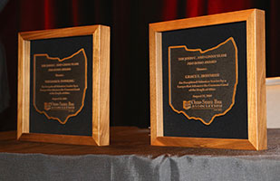Image of two wood framed awards sitting on a table