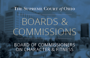 Image of the Moyer Judicial Center with the words Boards & Commissions Board of Commissioners on Character & Fitness over top of the building