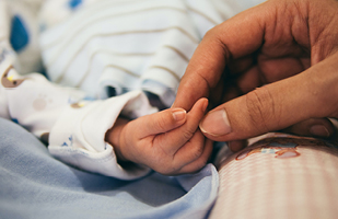 Image of an adult hand holding the hand of a child