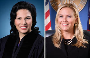 Image shows two women jurists in separate photo boxes with one woman im her judicial robe on the left and another women in a black suit and strands of pearls on the right