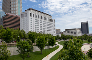 Image of the Thomas J. Moyer Ohio Judicial Center as seen from the Scioto Mile along the Scioto River