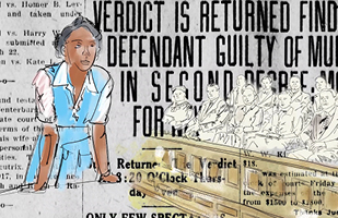 Image is of a black, gray, blue and tan sketch of an African American woman leaning on what appears to be a table with text from news stories around and in the background