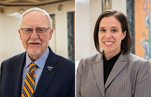 Side-by-side images of a man wearing a blue suit and orang and blue tie and a woman wearing a grey pinstripe suit and black blouse.