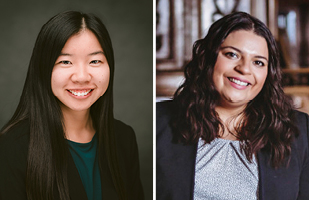 two images side by side of two women wearing business attire