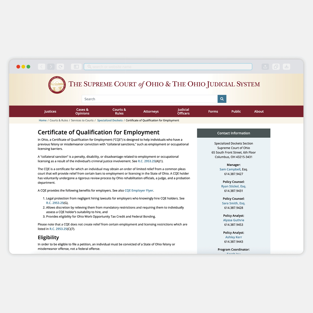 A window containing the Supreme Court of Ohio's website open to the 'Certificate of qualification for employment' page