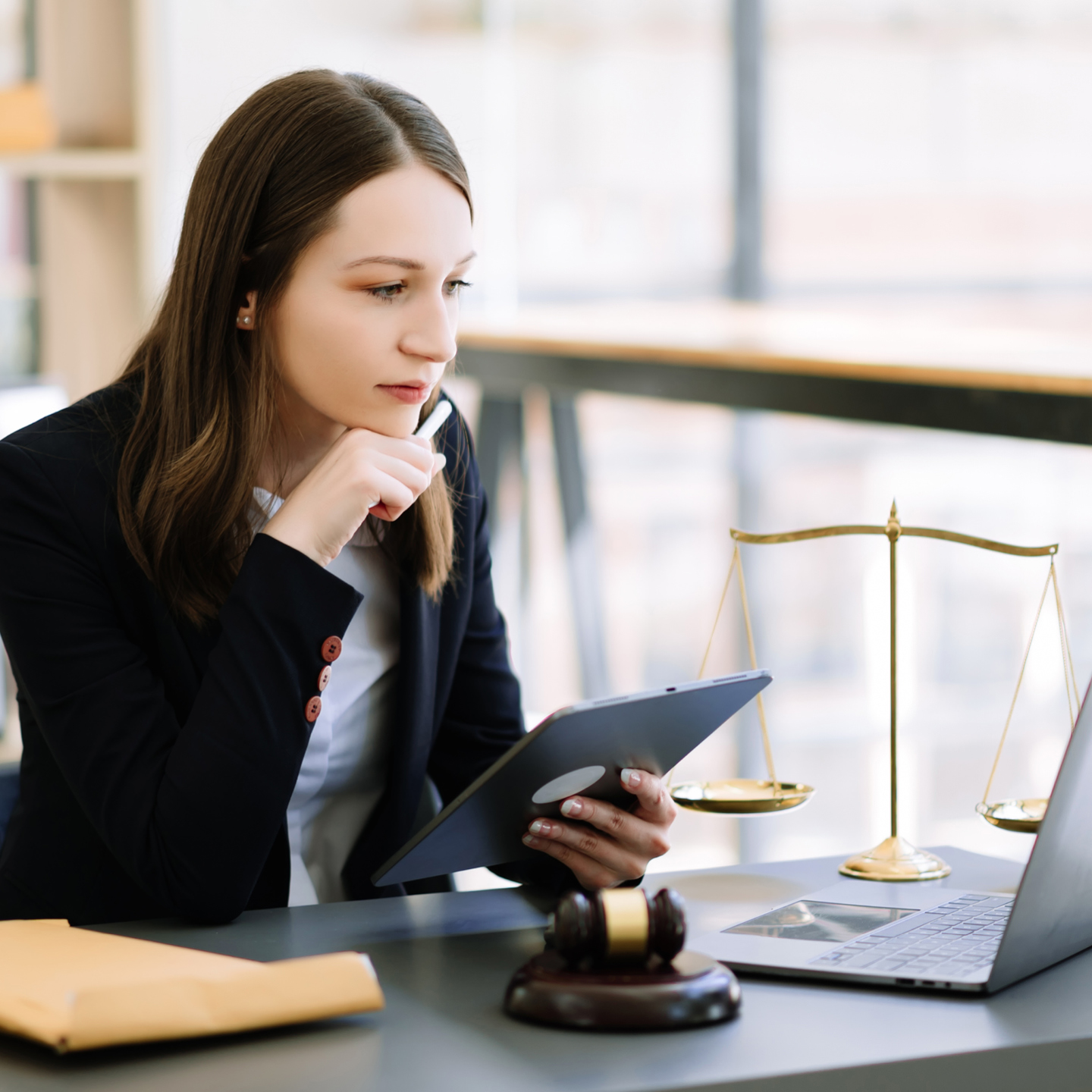 A woman in a suit thoughtfully holds a tablet at a desk with a laptop, scales of justice, and a gavel.
