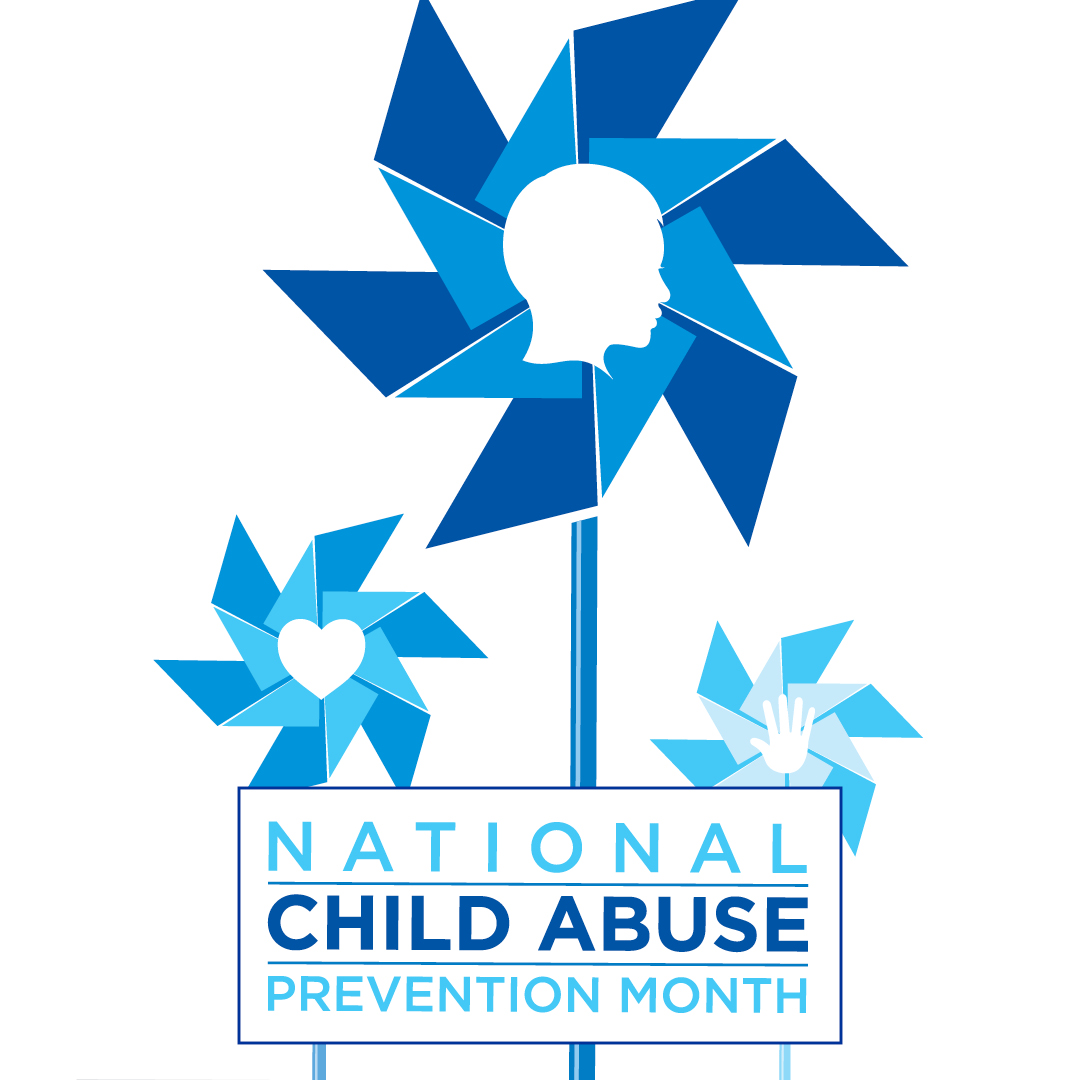 Blue pinwheels with a child's silhouette and symbols of a heart and hand. Text reads 'National Child Abuse Prevention Month.'