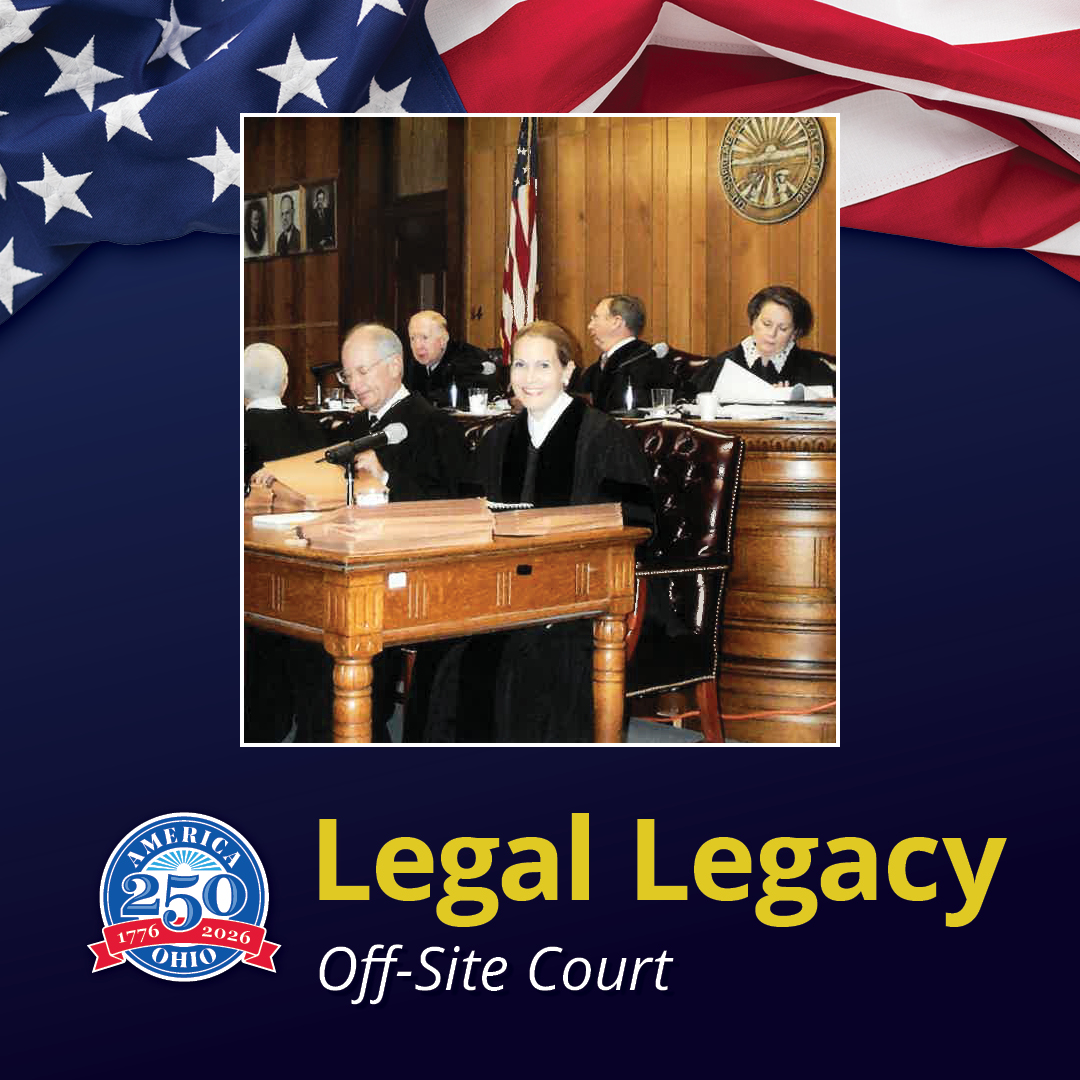 A woman sitting at a table wearing a judicial robe smiling with other judges sitting around her image contains text reading 'Legal Legacy Off-Site Court'