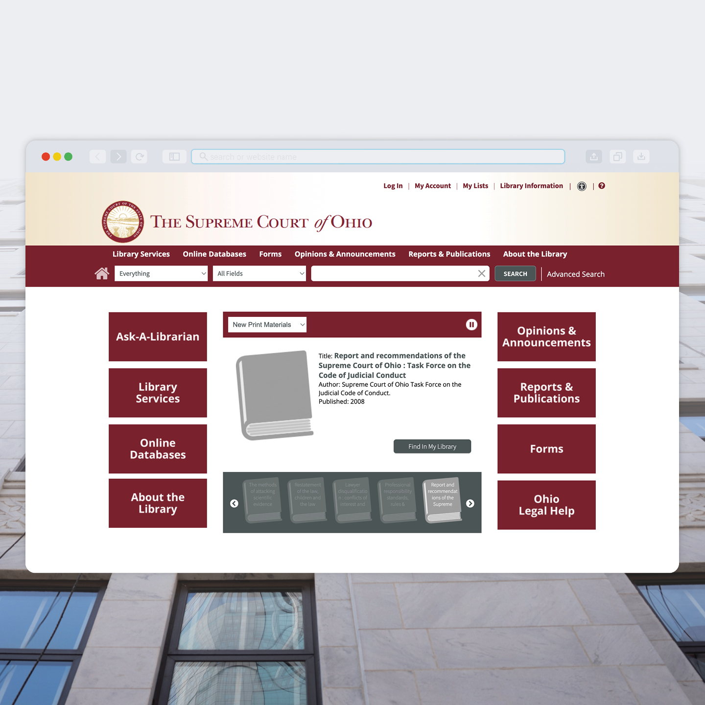 An elegant, modern website interface mockup for The Supreme Court of Ohio Library, presented inside a clean web browser window against a blurred architectural background.