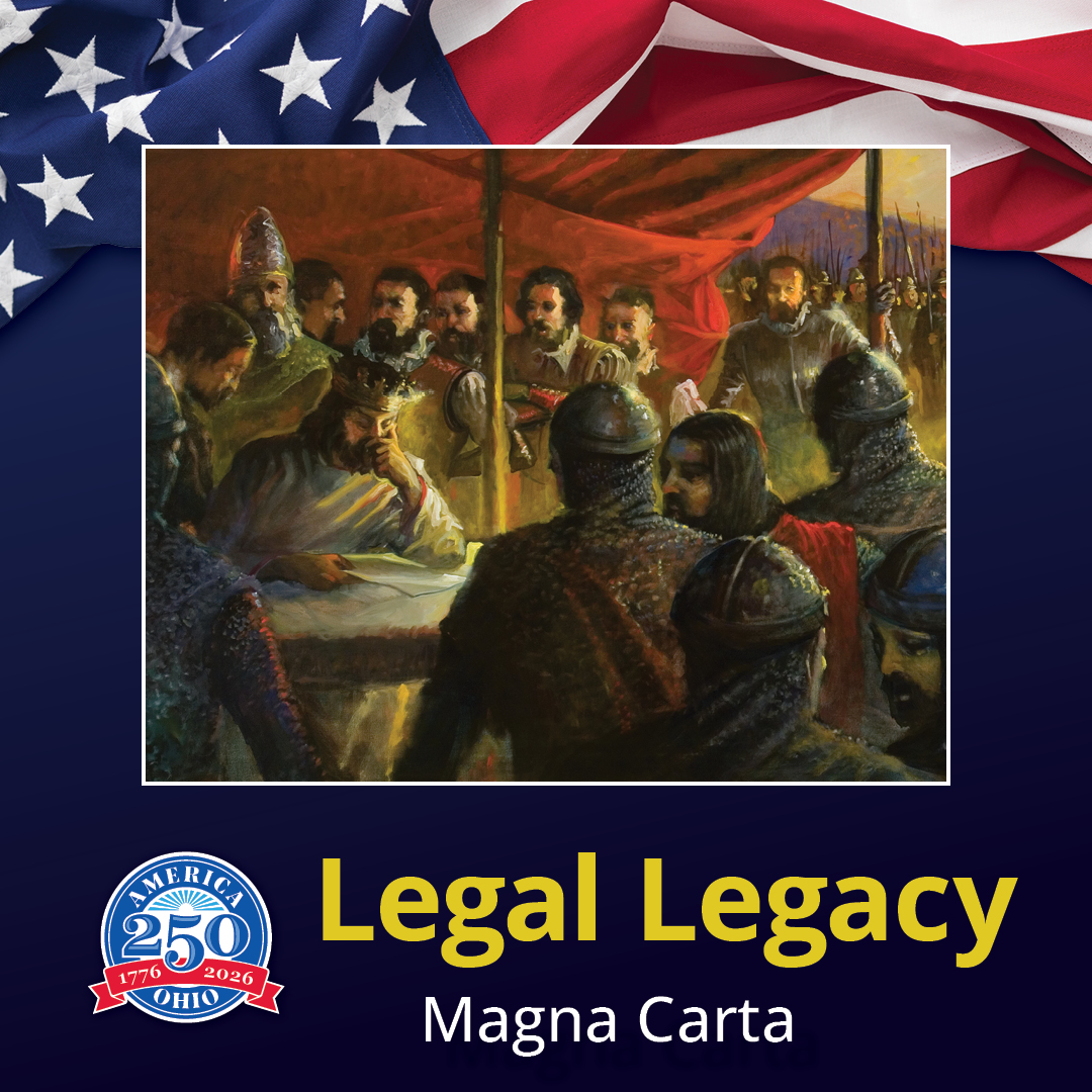 A painting shows medieval figures in armor surrounding a thoughtful king with a document. Background: American flag. Text: 'Legal Legacy, Magna Carta.'