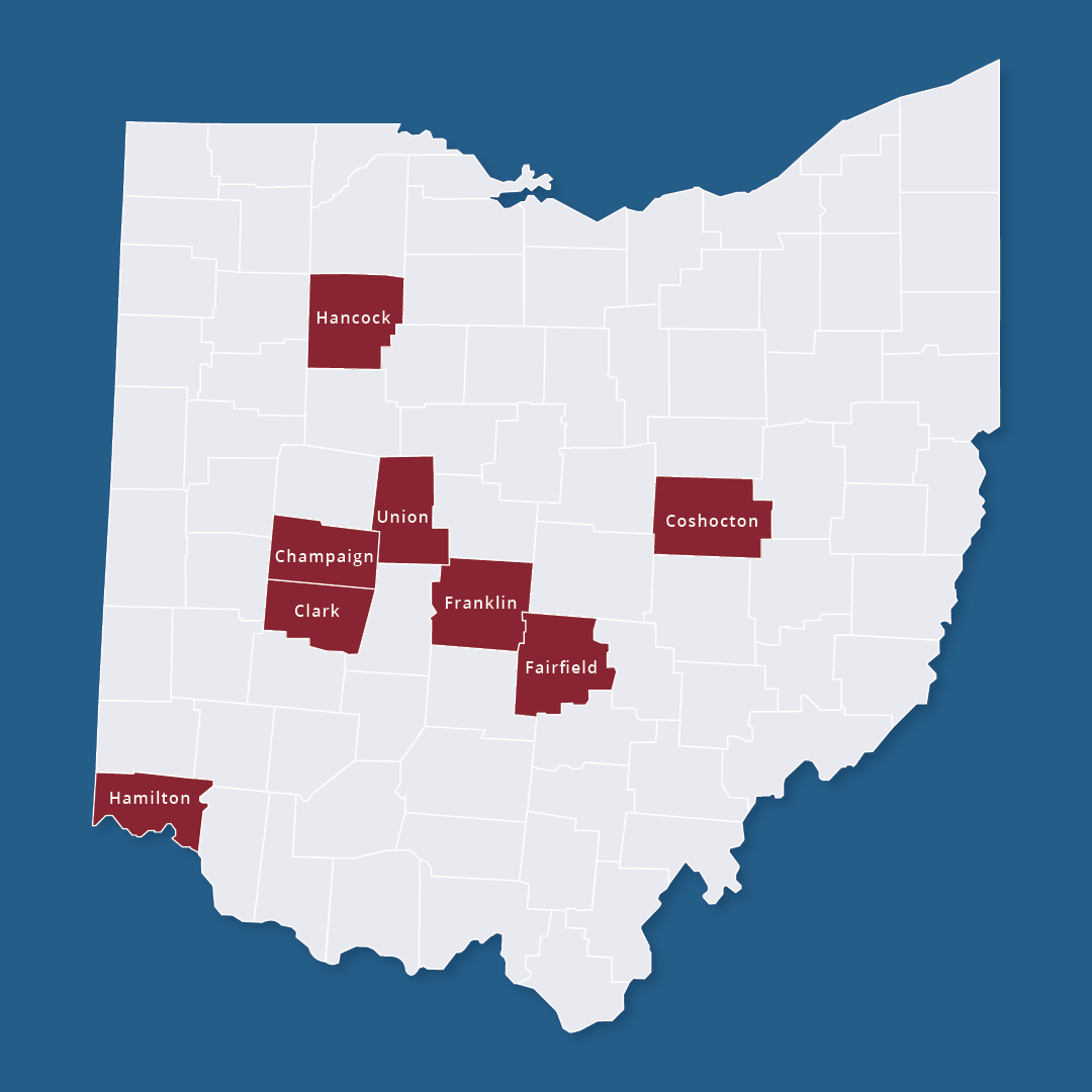A map of Ohio with Hancock, Champaign, Clark, Union, Franklin, Fairfield, Hamilton, and Coshocton Counties highlighted in red