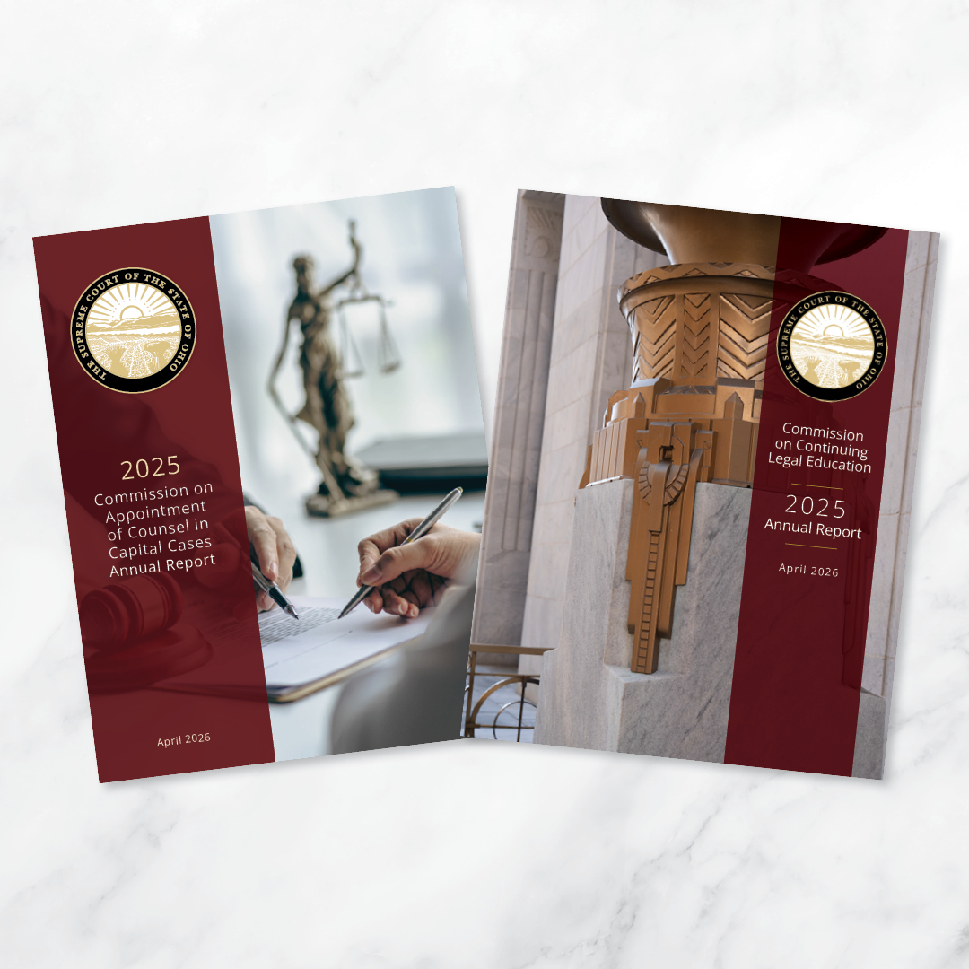 The covers of two books named '2025 Commission on Appointment of Counsel in Capital Cases Annual Report April 2026' and 'Commission on Continuing Legal Education 2025 Annual Report April 2026'