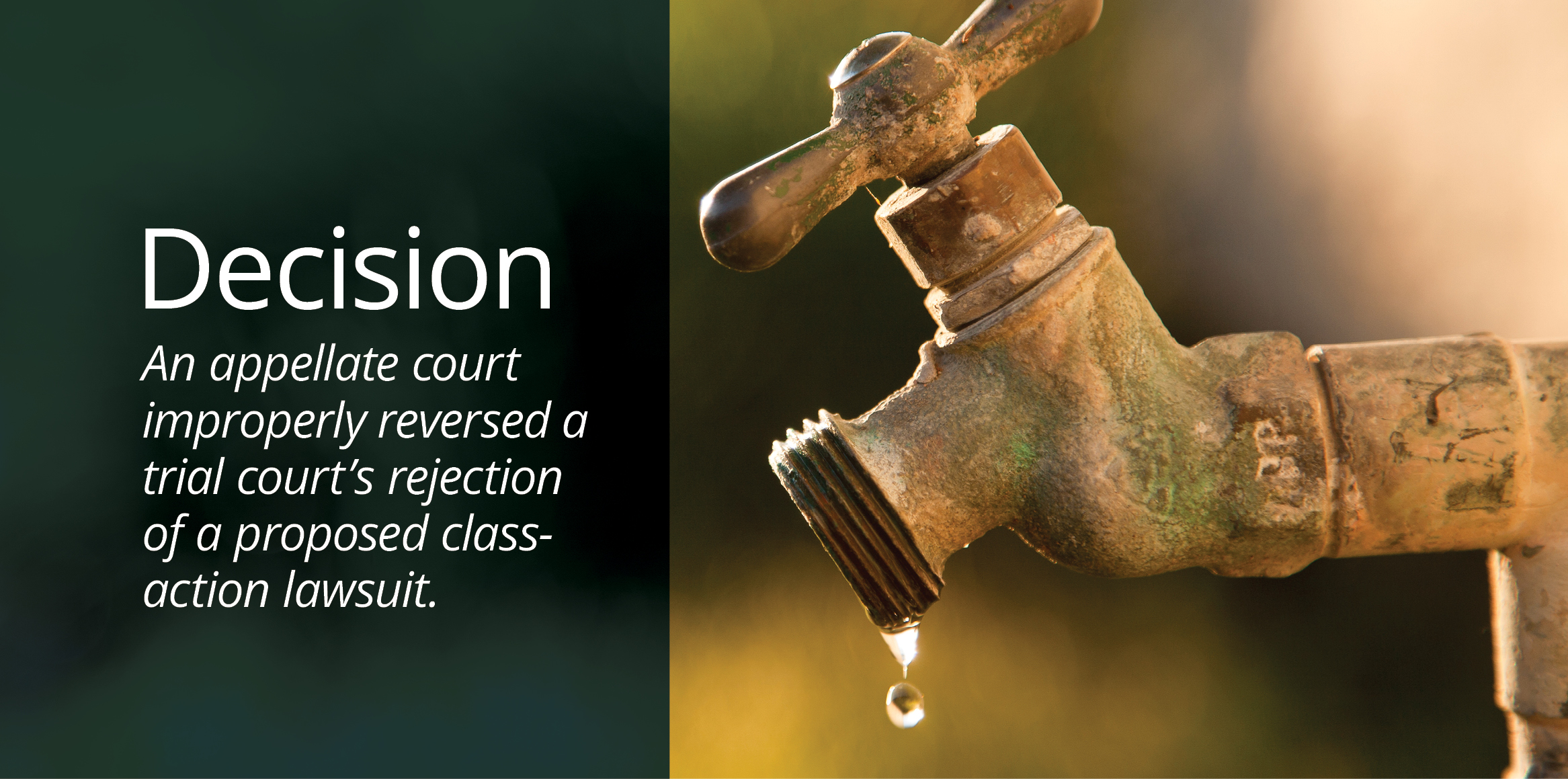 An outdoor brass spigot covered in green patina, dripping water droplets against a soft, blurred green and yellow background.